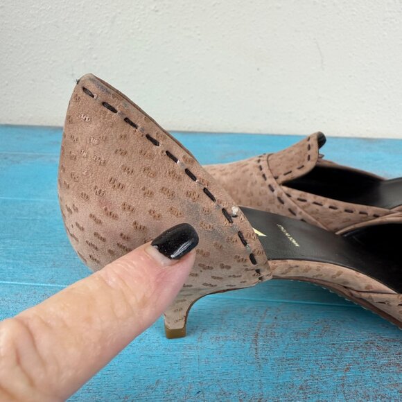 PRADA Tan Ostrich Suede Stitched Pointed Toe Kitten Heels Size 37.5 US 7.5 - Picture 9 of 12